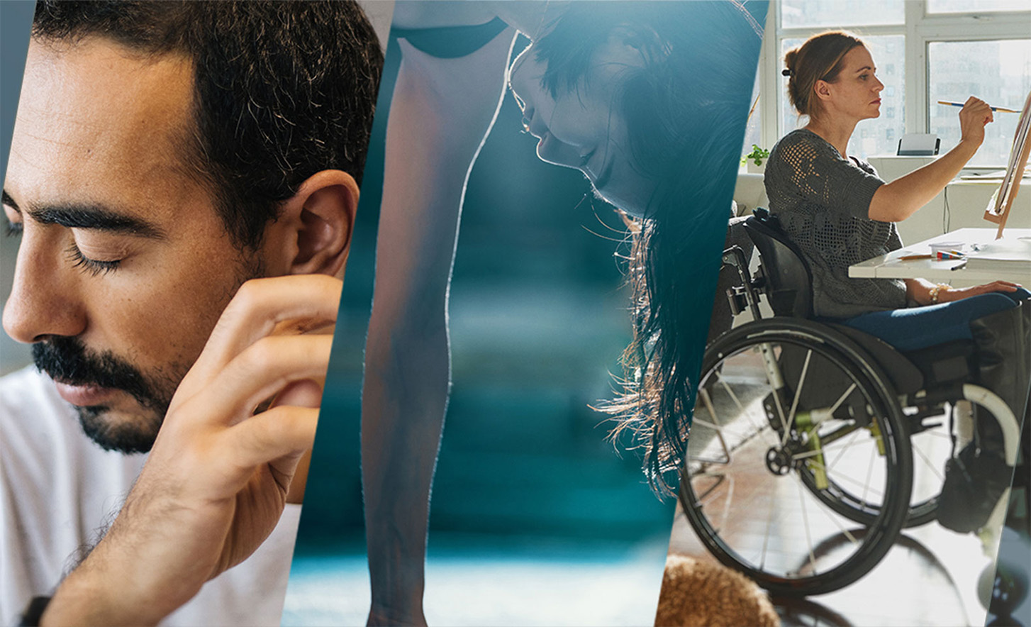 三幅相連的圖片，分別顯示一個人閉上雙眼，一個人正在倒立，一個人坐在輪椅上用畫布繪畫。