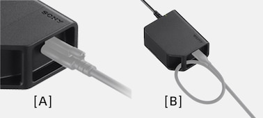 產品圖片展示：[A]：透過附有鎖定螺絲的 USB 接頭將纜線固定至 DC-C2 機身；[B]：纜線繞成環狀，以減低與 DC-C2 上的 USB 連接埠意外斷開的可能性